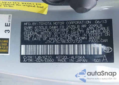 2014 Scion Tc 10 Series from USA, damaged, VIN JTKJF5C78E3072720